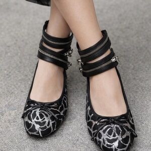 Michael Kors Black Ballet Flats with Silver Floral Pattern and Ankle Straps